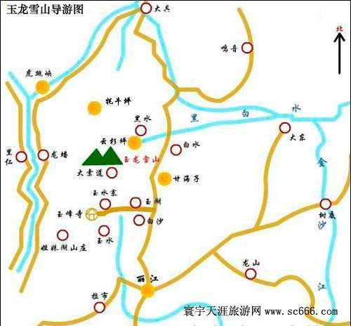 丽江、玉龙雪山交通线路图