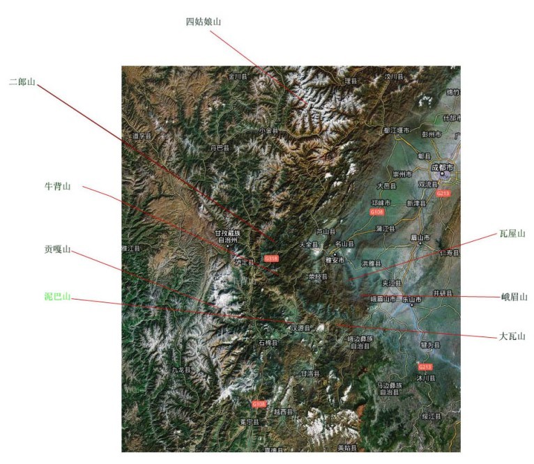 四川著名高山的卫星图
