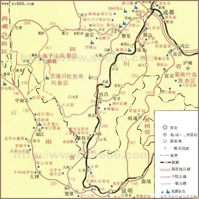 昆明-稻城-成都环线旅游交通图