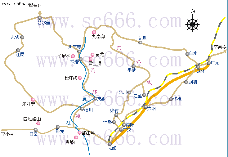成都-九寨沟、黄龙、大草原环线交通线路图