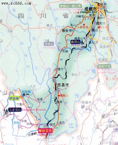成都-泸沽湖、攀枝花交通旅游线路图