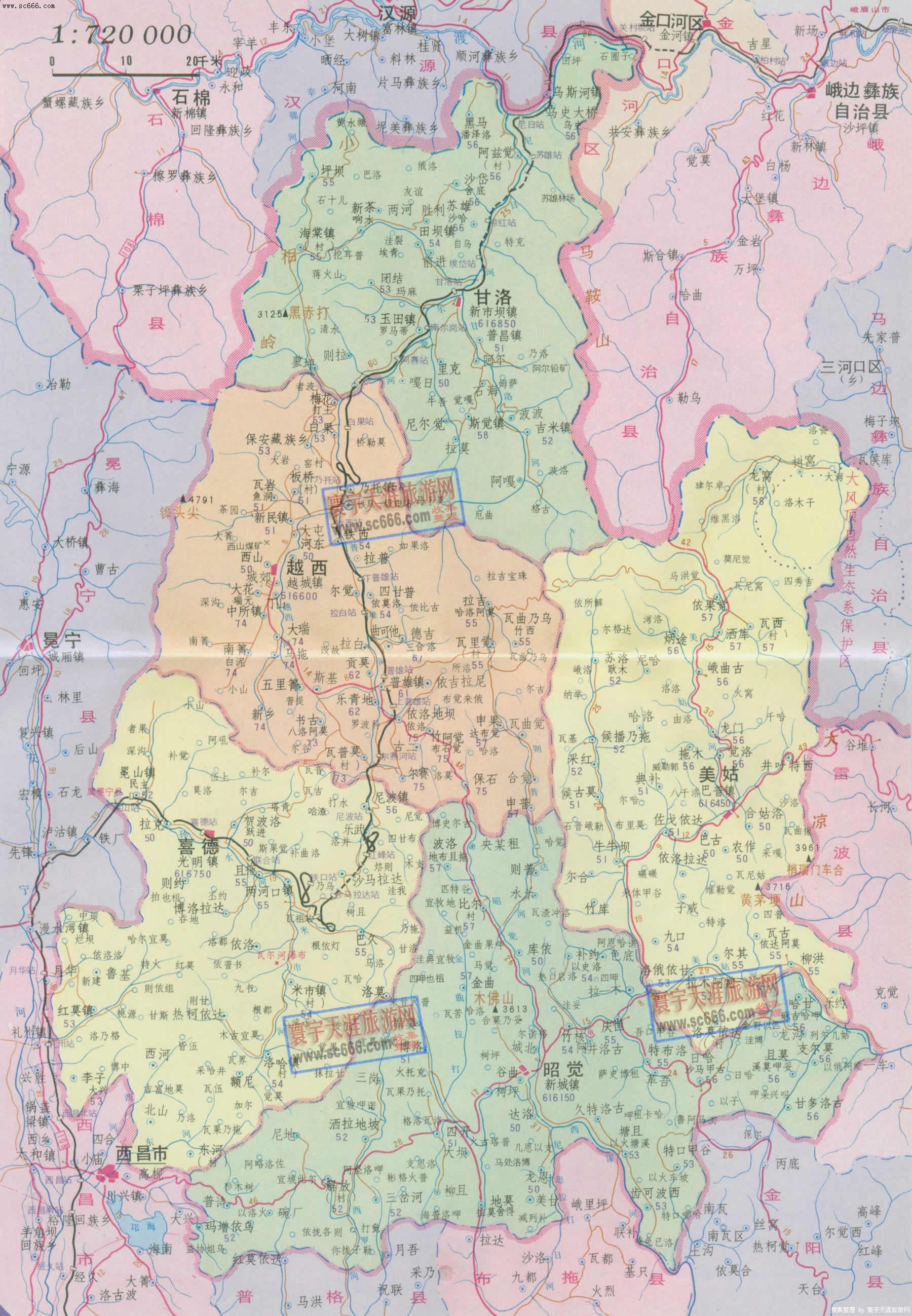甘洛县、越西县、美姑县、昭觉县、喜德县地图