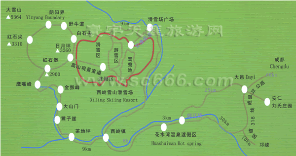 西岭雪山-花水湾景区地图2