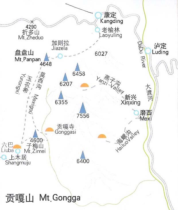 贡嘎山附近旅游资源分布图